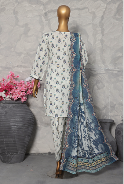 MTF Digital Printed Cotton 3 Pcs with Embroided Cutwork Lawn Dupatta