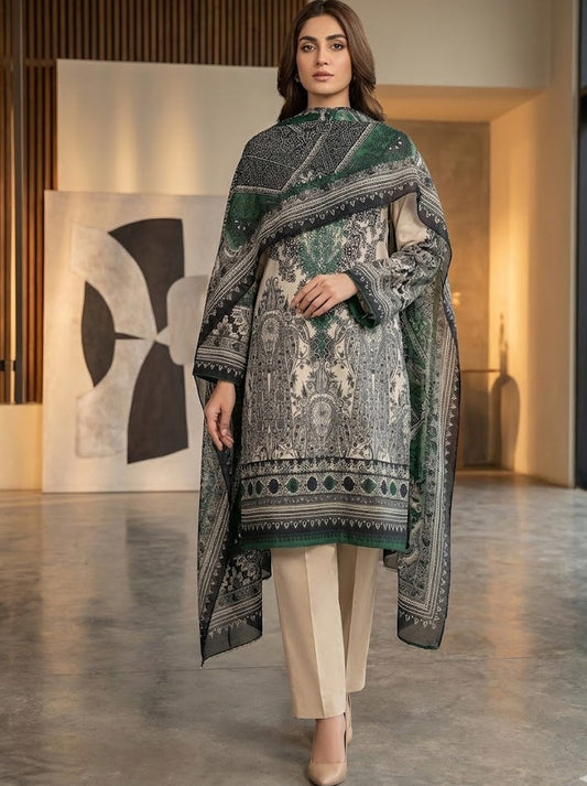 3-Piece Embroidered Lawn Suit with Chiffon Dupatta