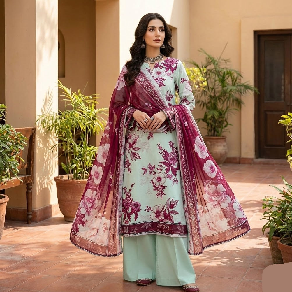 Woman in a floral outfit standing in an outdoor setting with plants.