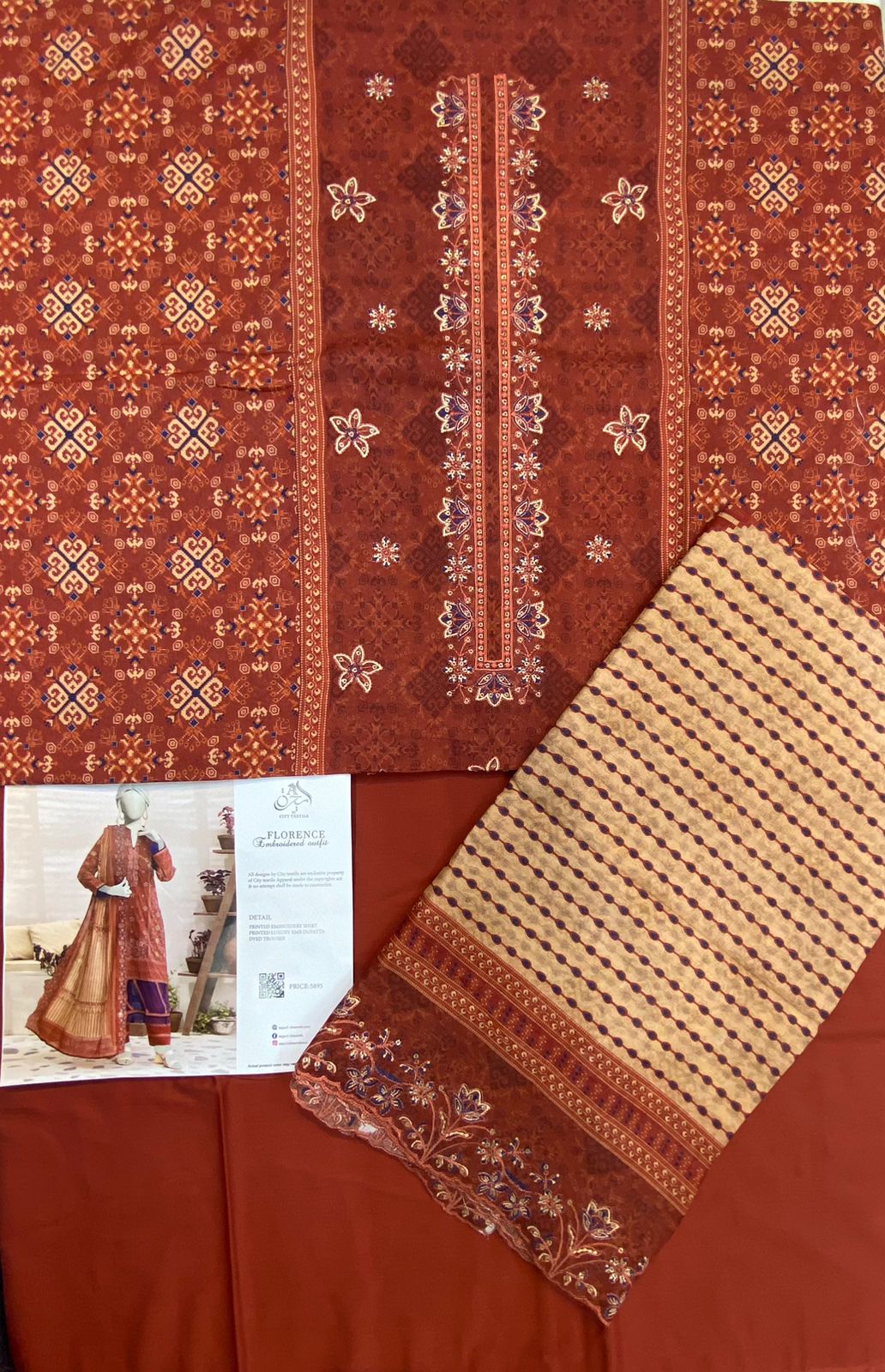 Almirah Florence 3-Pc Embroidered Suit Cut Work Dupatta A104