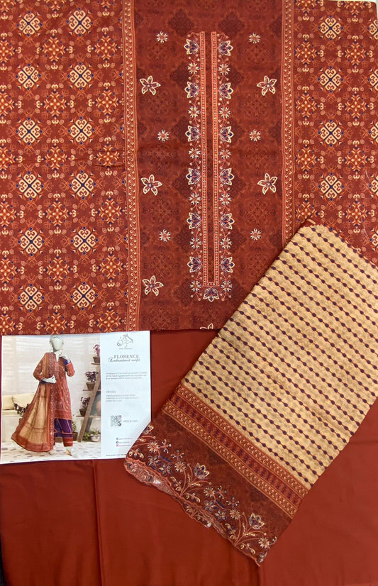 Almirah Florence 3-Pc Embroidered Suit Cut Work Dupatta A104