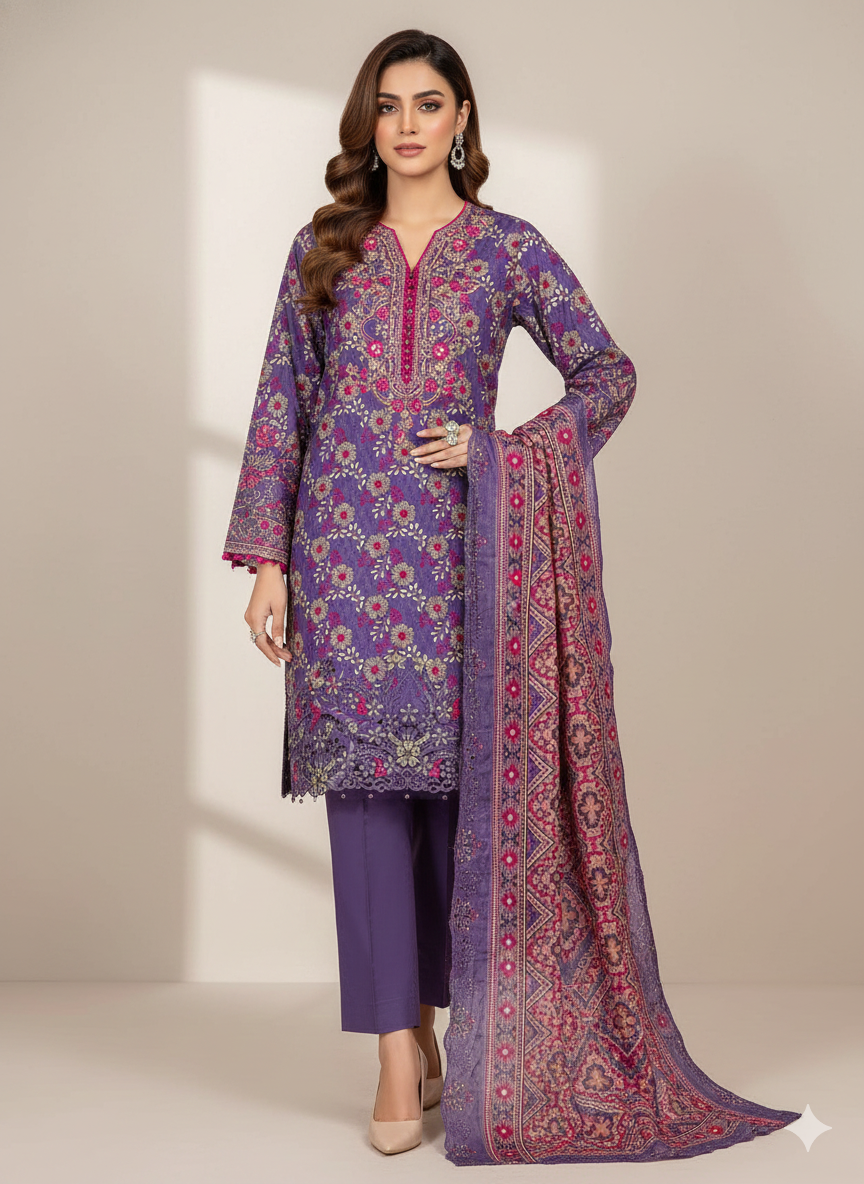 Almirah Florence 3-Pc Embroidered Suit Cut Work Dupatta A1010