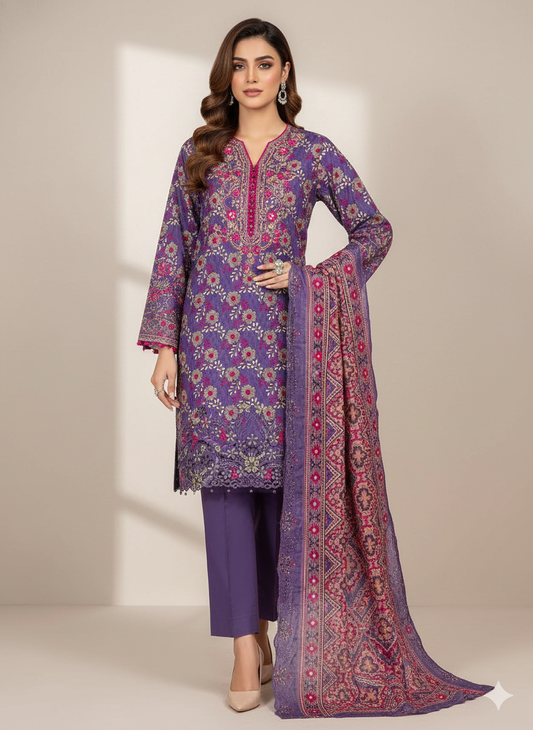 Almirah Florence 3-Pc Embroidered Suit Cut Work Dupatta A1010