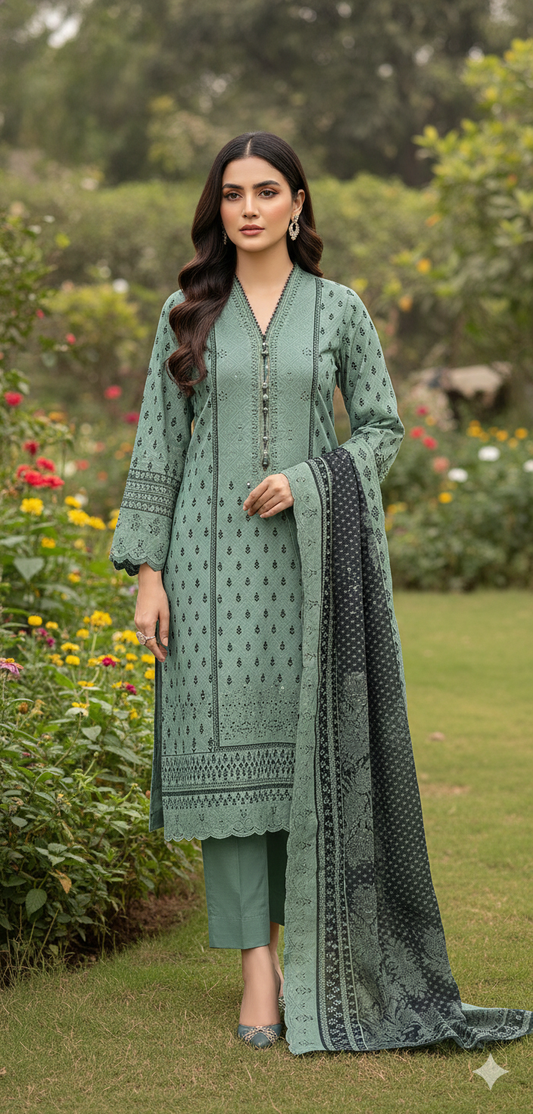 Almirah Florence 3-Pc Embroidered Suit Cut Work Dupatta A107