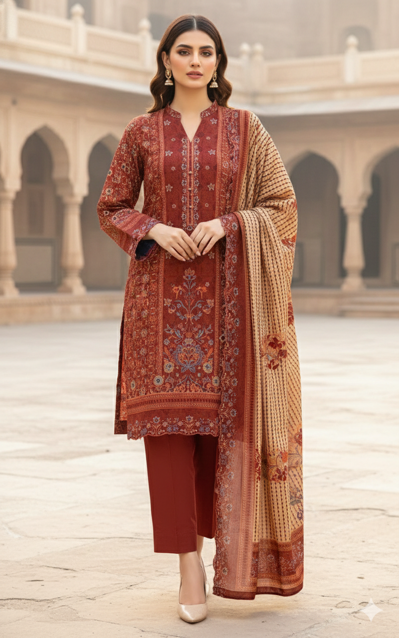 Almirah Florence 3-Pc Embroidered Suit Cut Work Dupatta A104