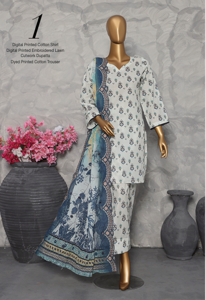 MTF Digital Printed Cotton 3 Pcs with Embroided Cutwork Lawn Dupatta