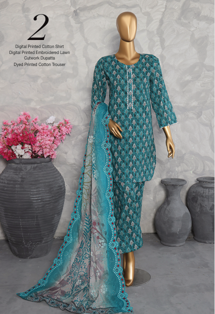 MTF Digital Printed Cotton 3 Pcs with Embroided Cutwork Lawn Dupatta