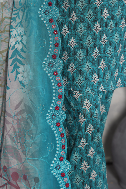 MTF Digital Printed Cotton 3 Pcs with Embroided Cutwork Lawn Dupatta