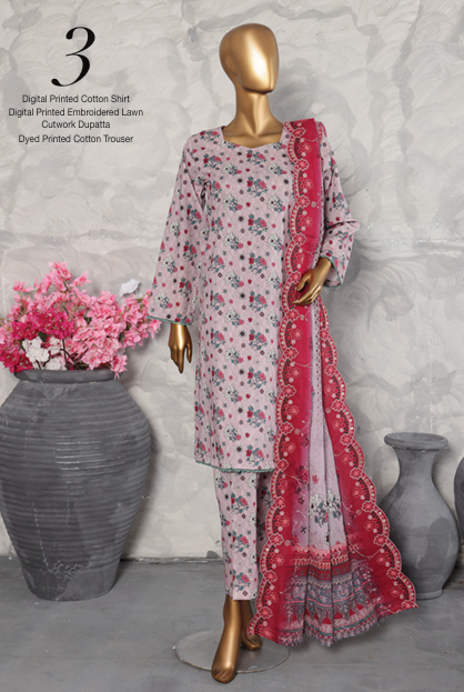 MTF Digital Printed Cotton 3 Pcs with Embroided Cutwork Lawn Dupatta