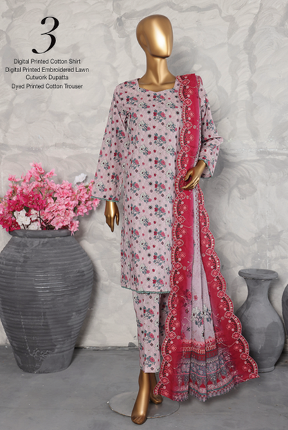 MTF Digital Printed Cotton 3 Pcs with Embroided Cutwork Lawn Dupatta