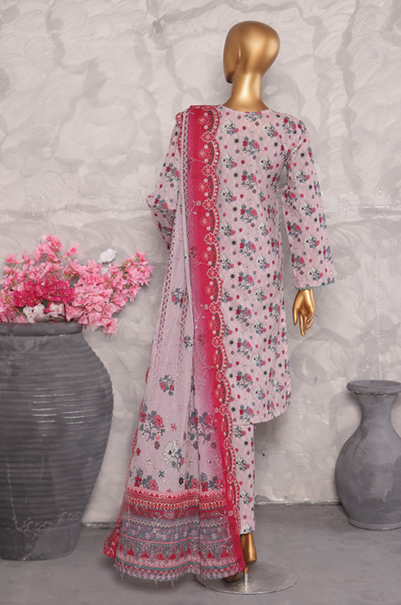 MTF Digital Printed Cotton 3 Pcs with Embroided Cutwork Lawn Dupatta