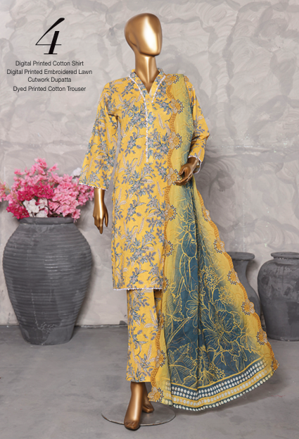 MTF Digital Printed Cotton 3 Pcs with Cutwork Lawn Dupatta