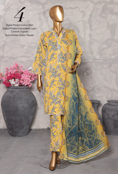 MTF Digital Printed Cotton 3 Pcs with Cutwork Lawn Dupatta