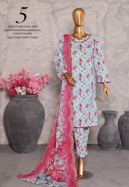 MTF Digital Printed Cotton 3 Pcs with Embroided Lawn Cutwork Dupatta