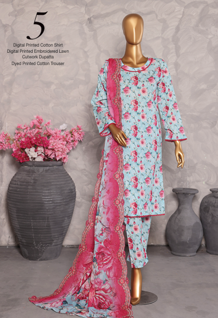 MTF Digital Printed Cotton 3 Pcs with Embroided Lawn Cutwork Dupatta