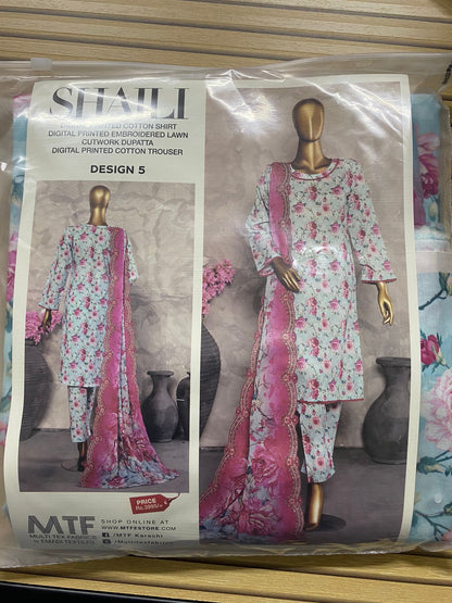 MTF Digital Printed Cotton 3 Pcs with Embroided Lawn Cutwork Dupatta