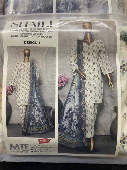 MTF Digital Printed Cotton 3 Pcs with Embroided Cutwork Lawn Dupatta