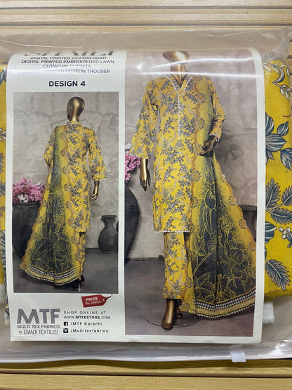 MTF Digital Printed Cotton 3 Pcs with Cutwork Lawn Dupatta