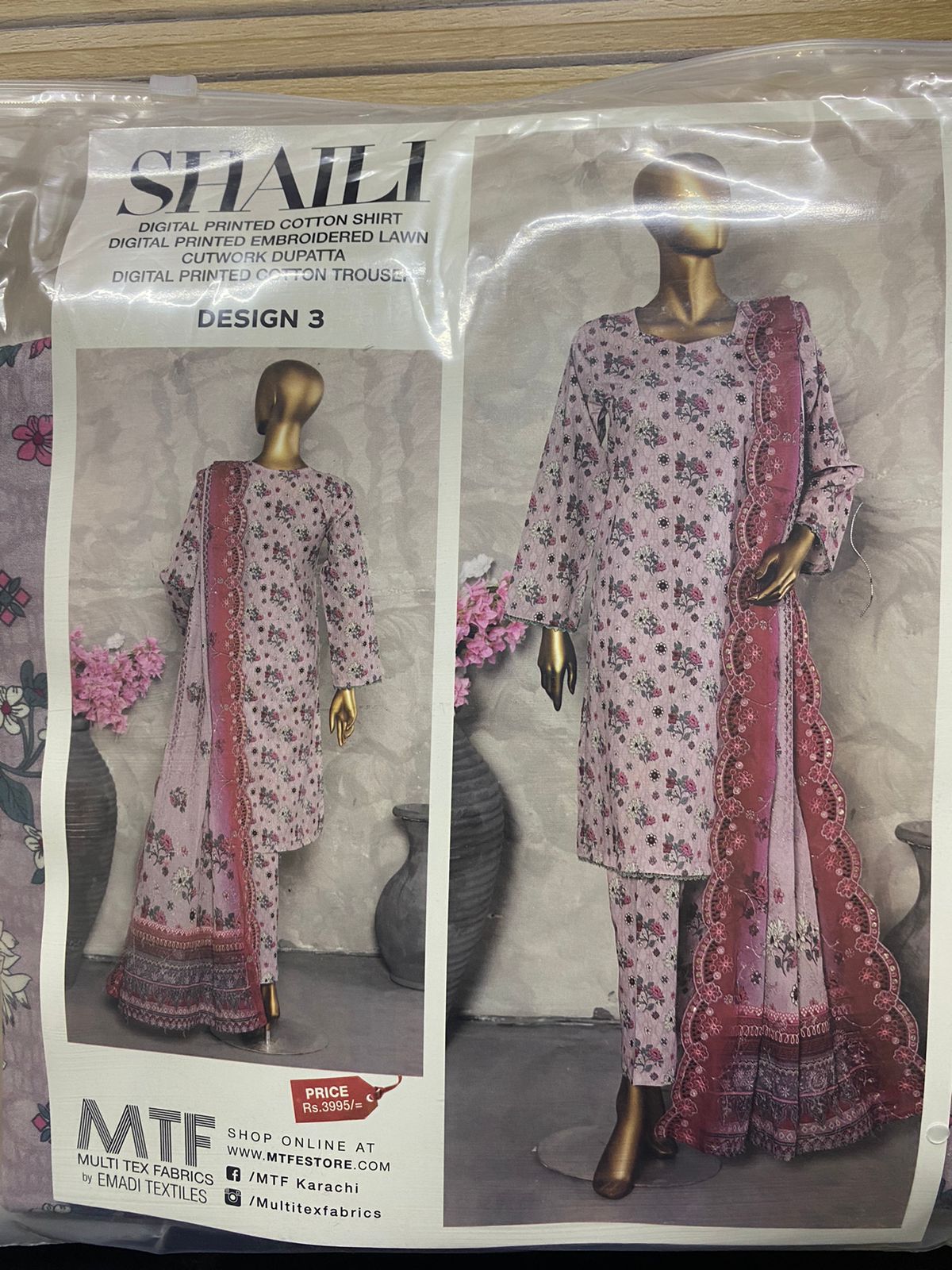 MTF Digital Printed Cotton 3 Pcs with Embroided Cutwork Lawn Dupatta