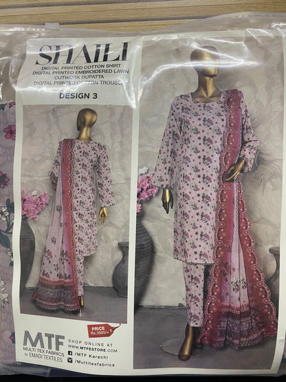 MTF Digital Printed Cotton 3 Pcs with Embroided Cutwork Lawn Dupatta