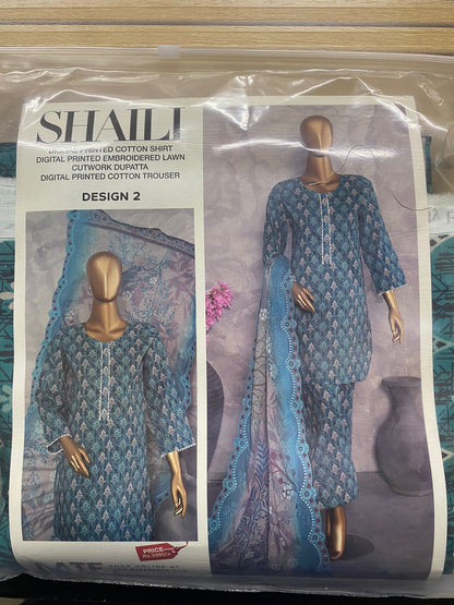 MTF Digital Printed Cotton 3 Pcs with Embroided Cutwork Lawn Dupatta