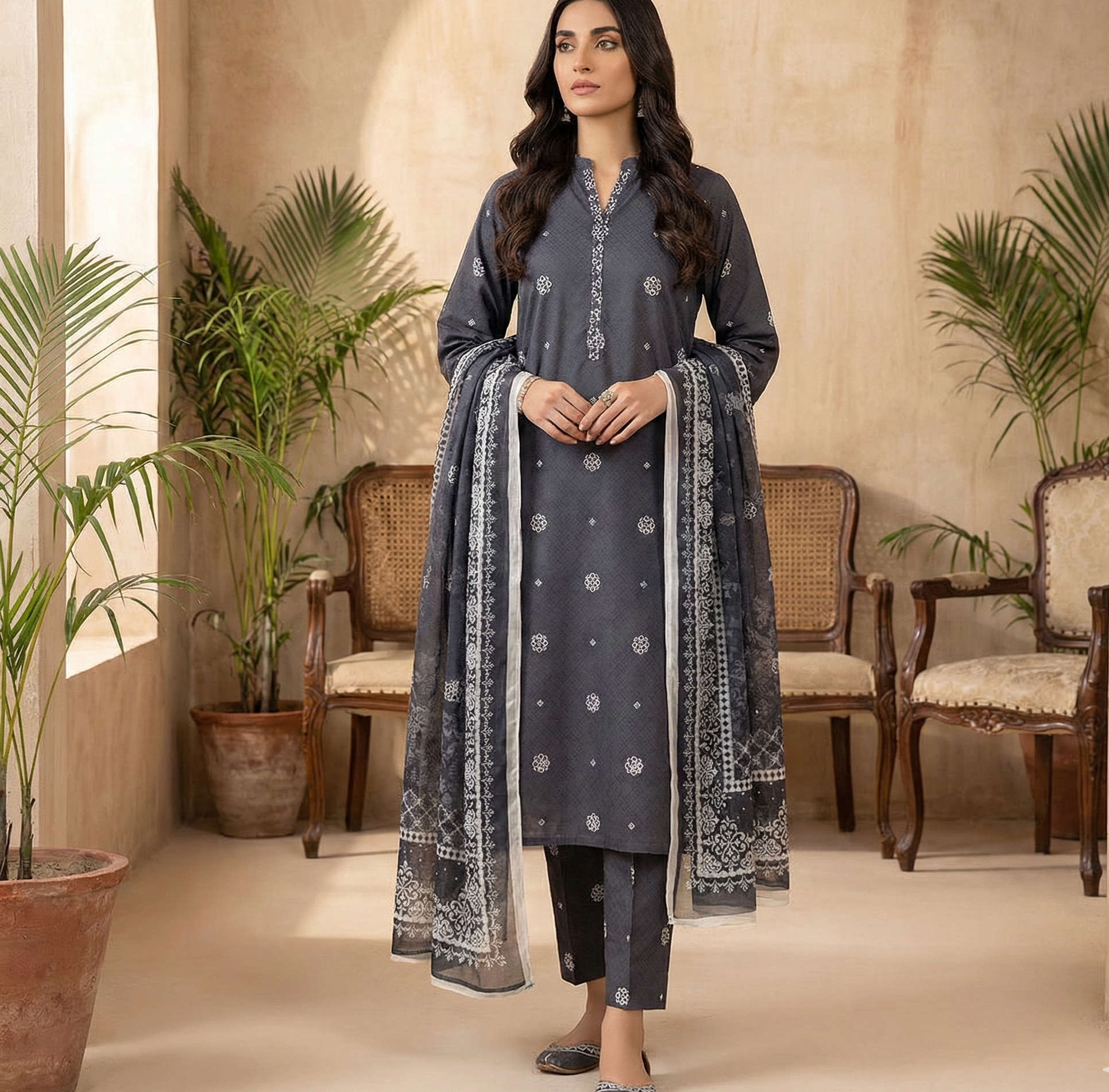 black lawn suit with chiffon dupatta