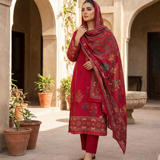 Woman in a lawn 3 pcs red traditional outfit standing in an outdoor setting with arches and potted plants.
