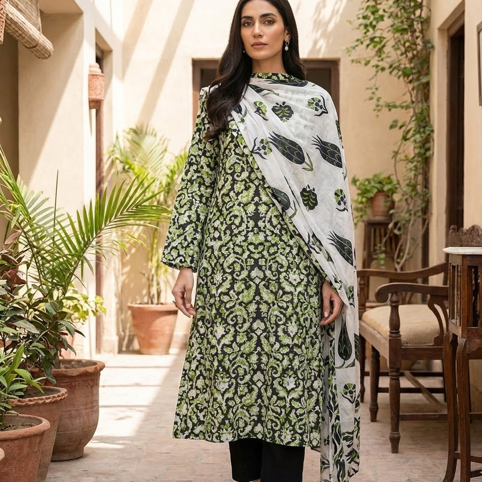 Woman wearing a green and black patterned outfit with a white dupatta in an outdoor setting.