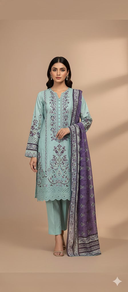 Almirah Florence 3-Pc Embroidered Suit Cut Work Dupatta A101