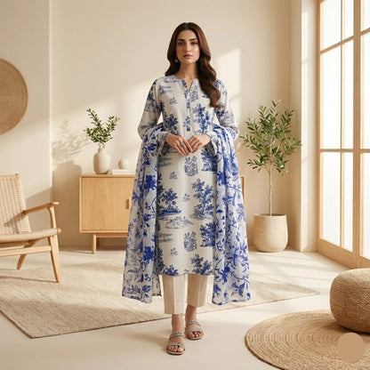 3PC Lawn Suit with Lawn Dupatta (Unstitched) 0080