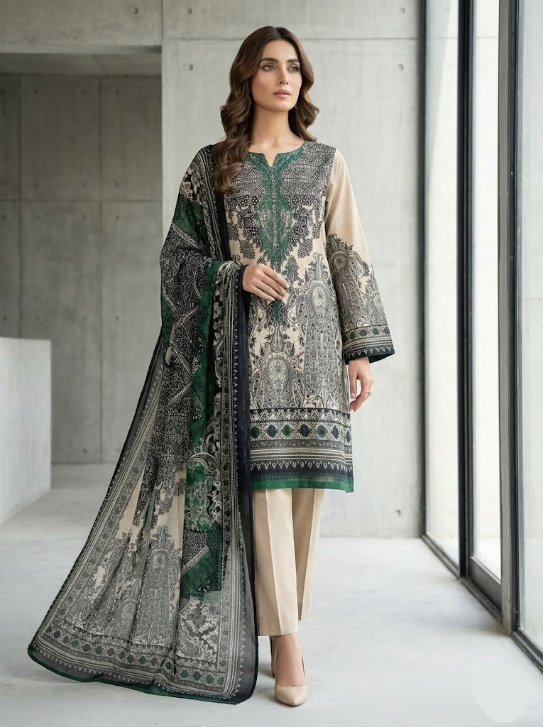 3-Piece Embroidered Lawn Suit with Chiffon Dupatta